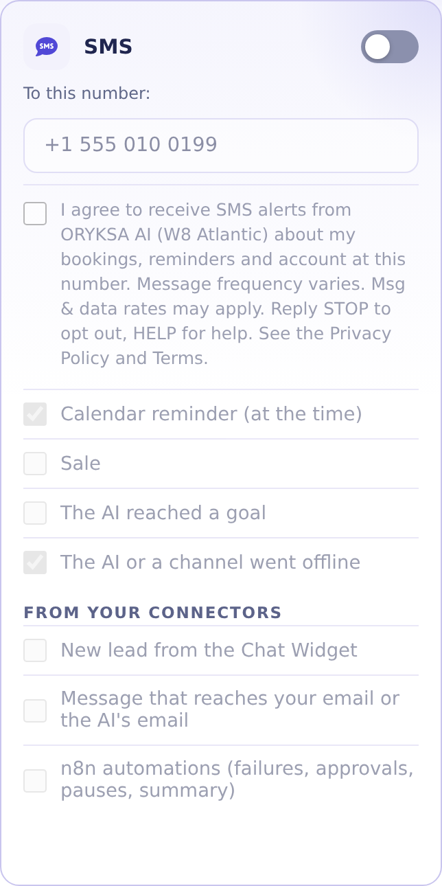 The SMS opt-in box in the ORYKSA account settings