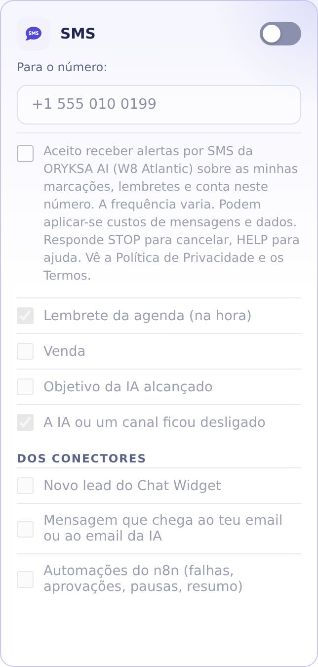 A autorização de SMS nas definições da conta ORYKSA